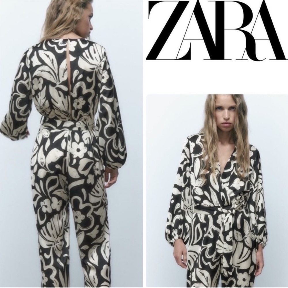 Zara Black and Cream Floral Wrap Jumpsuit - Picture 3 of 14